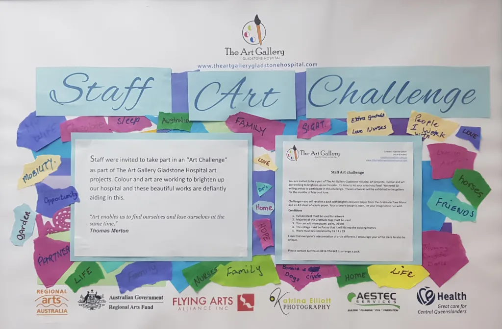 Location- Gladstone Hospital Gallery

Staff were invited to take part in an “Art Challenge” as part of The Art Gallery Gladstone Hospital art projects. Colour and art are working to brighten up our hospital and these beautiful works are defiantly aiding in this.